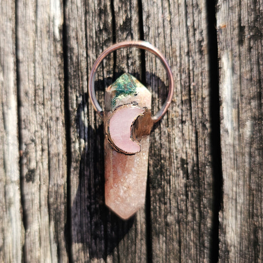 Kunzite Moon and Pink Amethyst Crystal Copper Electroformed Pendant