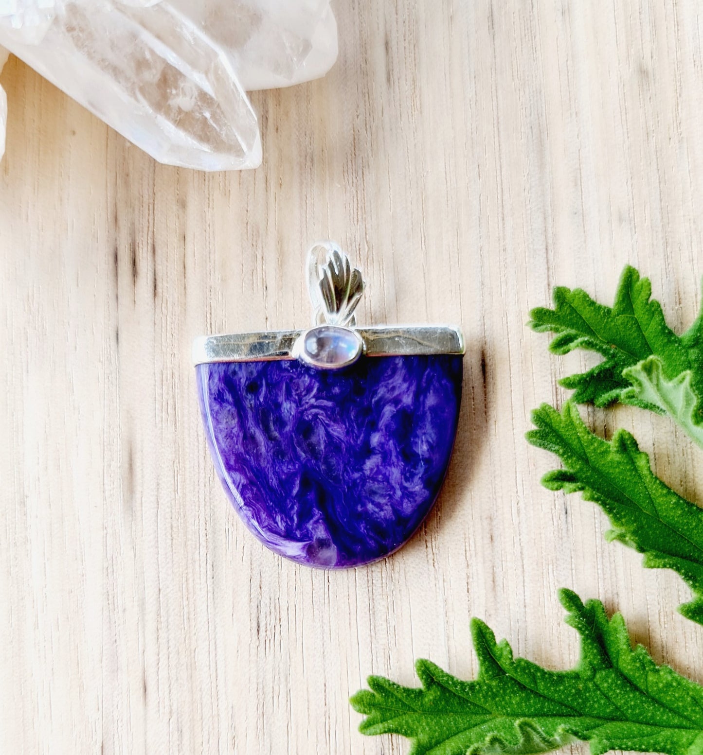 Charoite and Rainbow Moonstone Sterling SIlver Pendant Gemstone Crystal