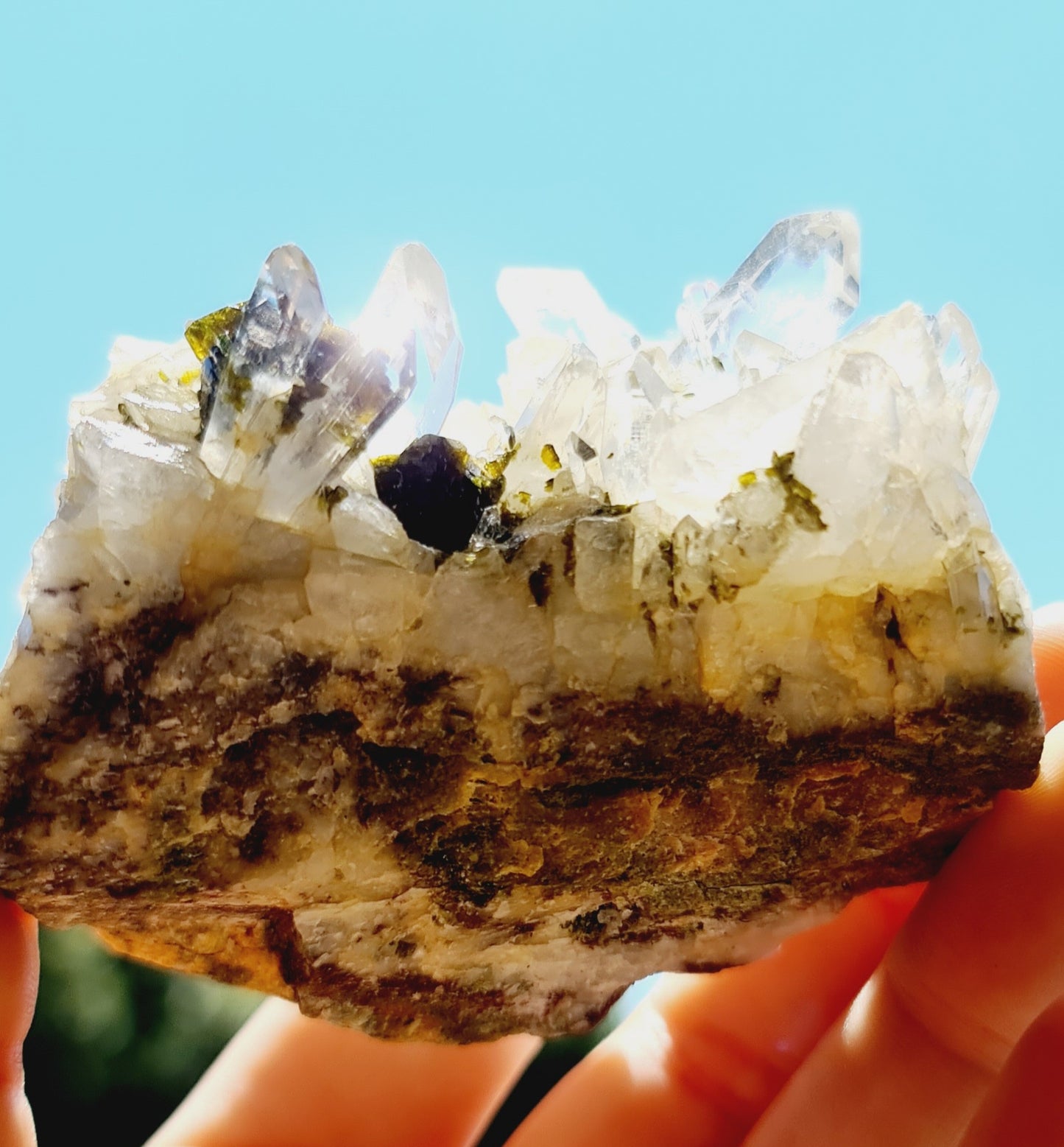 Clear Quartz and Epidote Natural Cluster